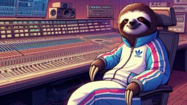 A Sloth in a track suit sitting in a recording studio in front of a big mixing console.