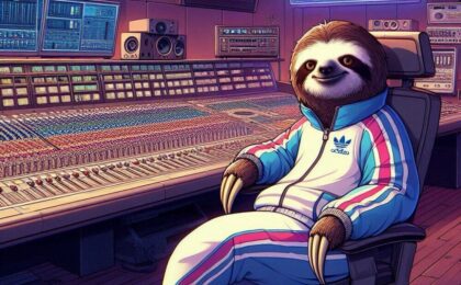 A Sloth in a track suit sitting in a recording studio in front of a big mixing console.