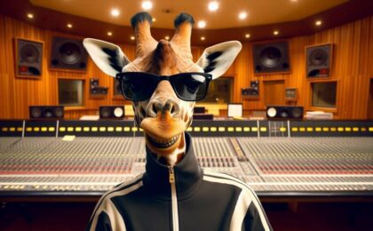 Giraffe in a tracksuit with black sunglasses sitting in a big recording studio in front of a mixing console smiling at the viewer.