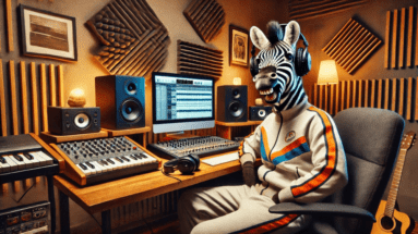 Zebra in a home studio grinning at the viewer