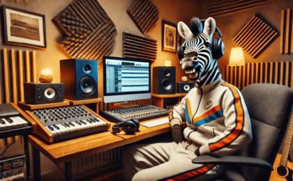 Zebra in a home studio grinning at the viewer