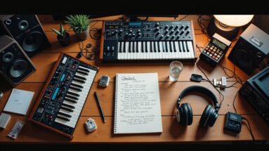 A music studio desk with synthesizers headphones and a notepad surrounded by creative clutter viewed from above