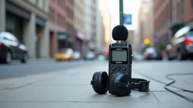 Field recorder on a city-sidewalk with headphones and microphone