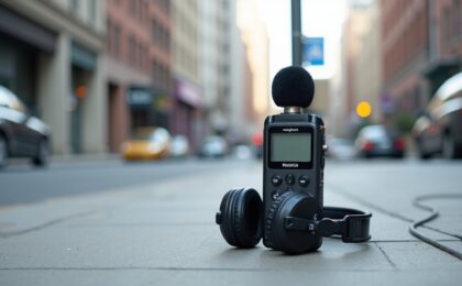 Field recorder on a city-sidewalk with headphones and microphone